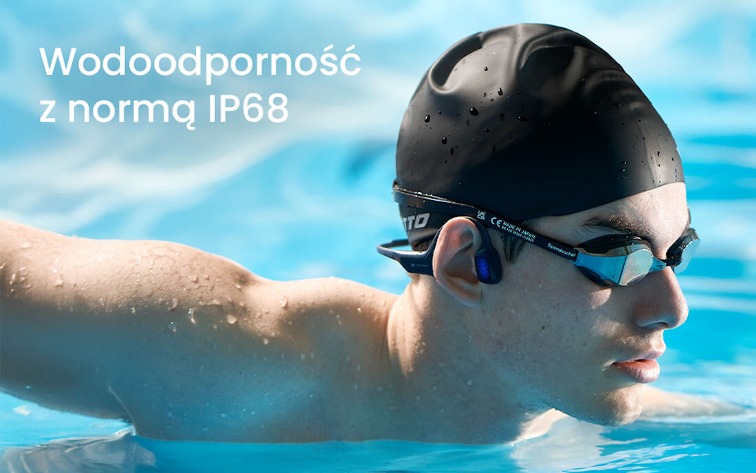 Słuchawki MOJAWA HaptiFit Terra - Gotowe na basen, IP68, wbudowana pamięć 32 GB, osoba pływająca w basenie