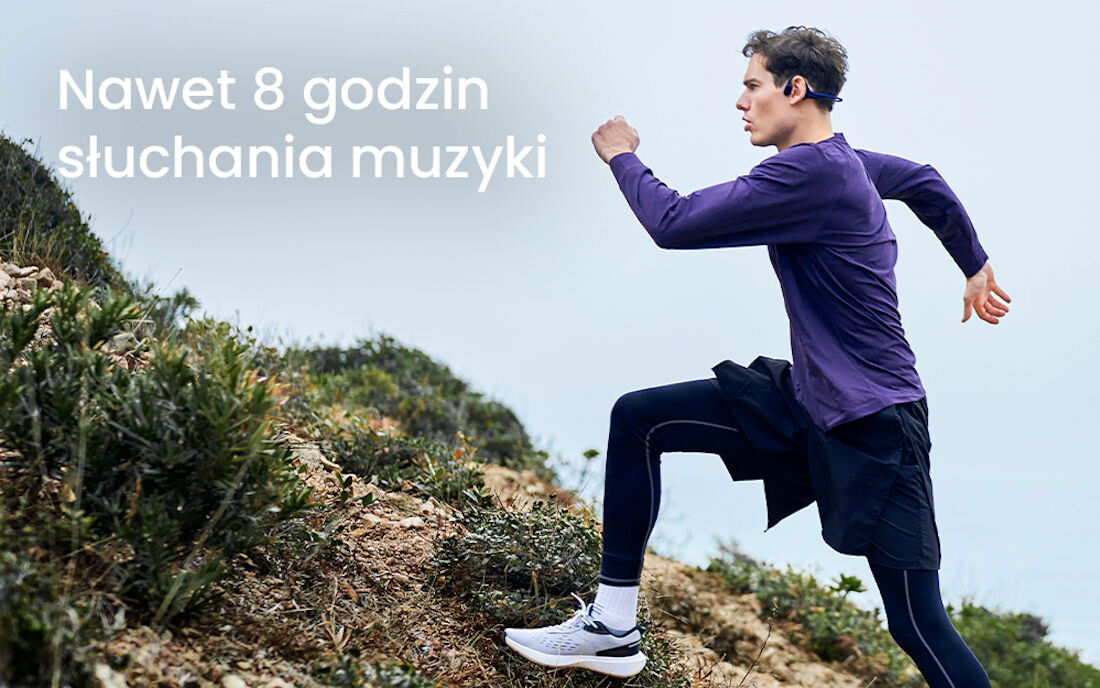 Słuchawki MOJAWA HaptiFit Terra - Do 8 godzin słuchania muzyki, 5 minut ładowania - 2 h odtwarzania, osoba biegnąca pod górę