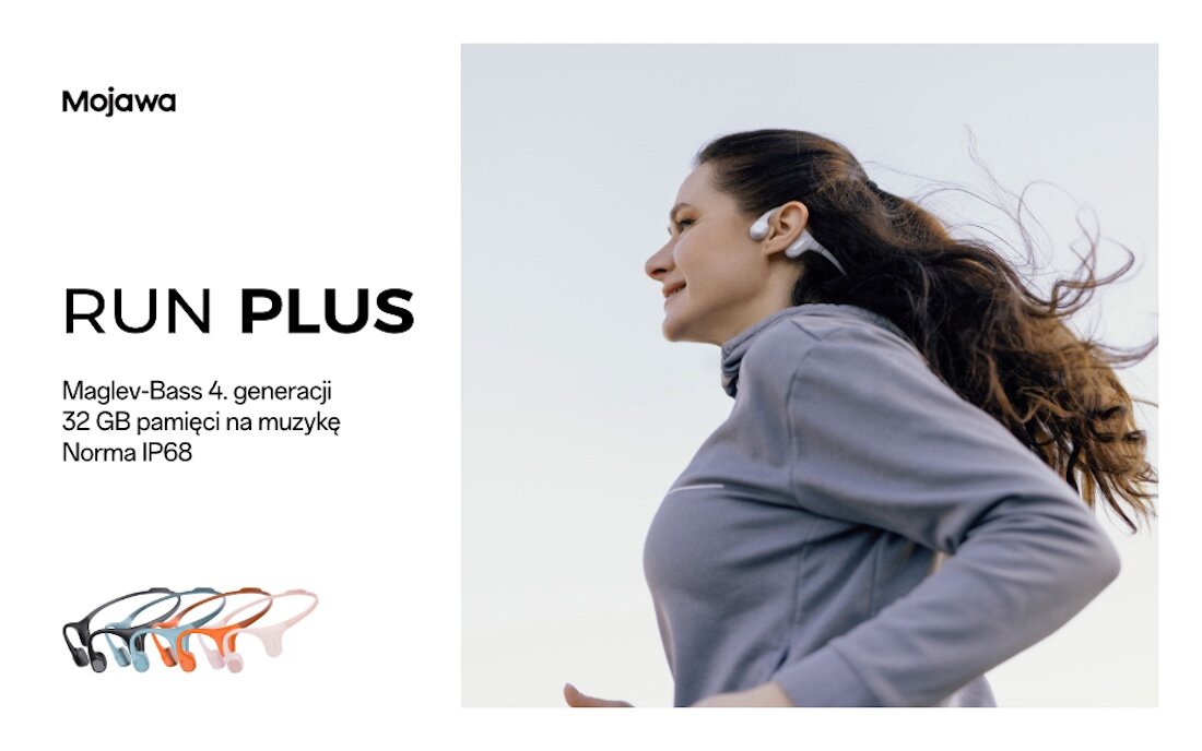 Słuchawki MOJAWA Run Plus - Pełna swoboda i czysty dźwięk, słuchawki w różnych kolorach na białym tle, osoba uprawiająca jogging