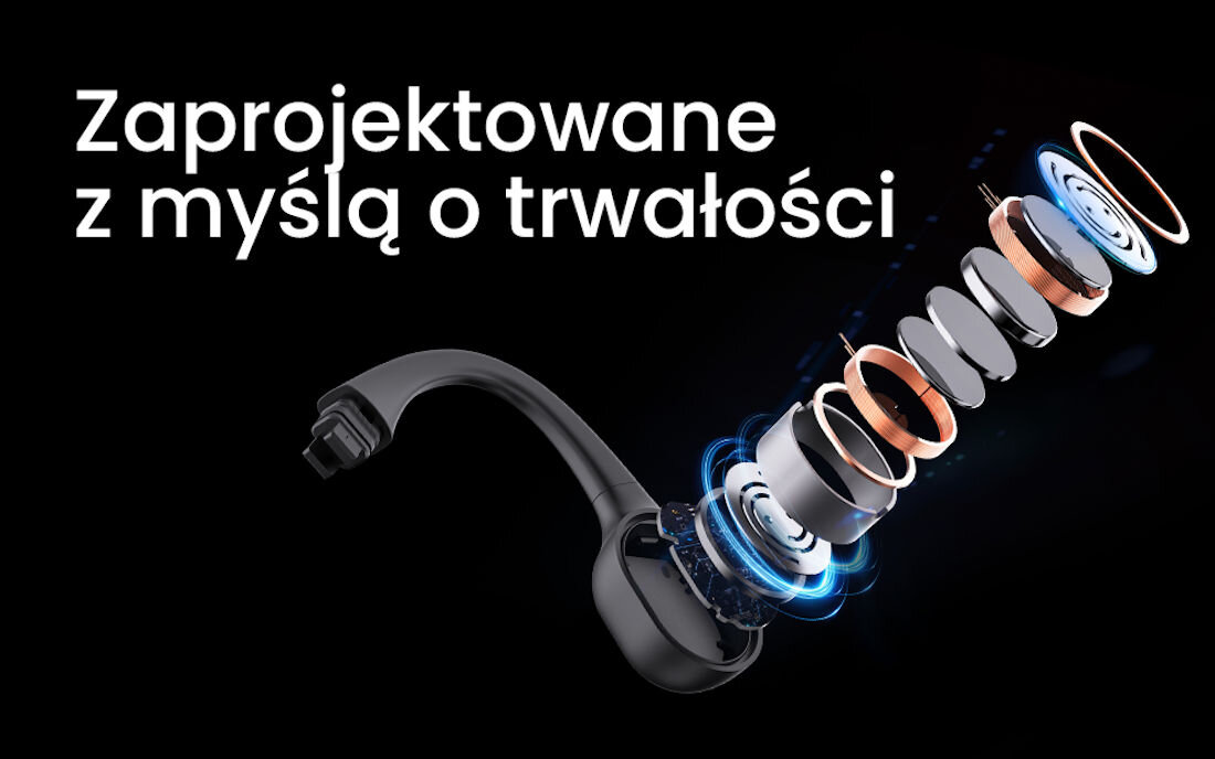 Słuchawki MOJAWA Run Plus - Trwałe i wytrzymałe, brak szczelin, żywotność, przekrój słuchawek na czarnym tle