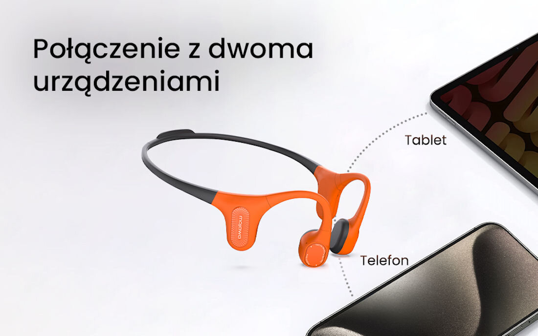 Słuchawki MOJAWA Aerra - Dwa urządzenia na raz, sparowanie słuchawek z dwoma urządzeniami, słuchawki z tabletem i telefonem na białym tle