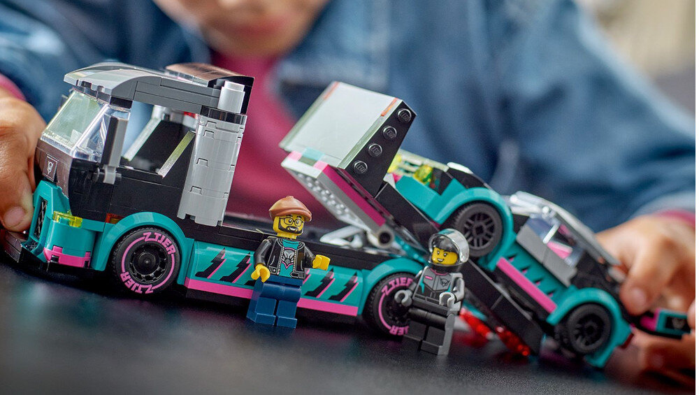 KLOCKI LEGO CITY SAMOCHÓD WYŚCIGOWY I LAWETA 60406 opuszczana rampa załadunek