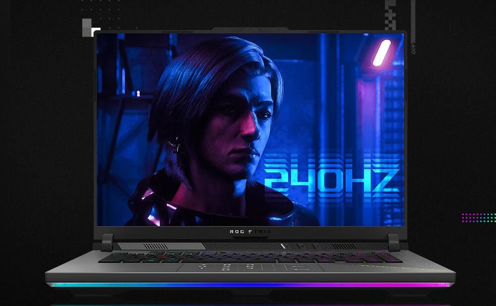 Laptop gamingowy ASUS ROG Strix z ekranem 240Hz wyświetlającym postać z gry cyberpunk w niebiesko-fioletowych tonach z RGB podświetleniem obudowy - Ekran ROG Nebula 16 cali 2560 x 1600 px 240 Hz 