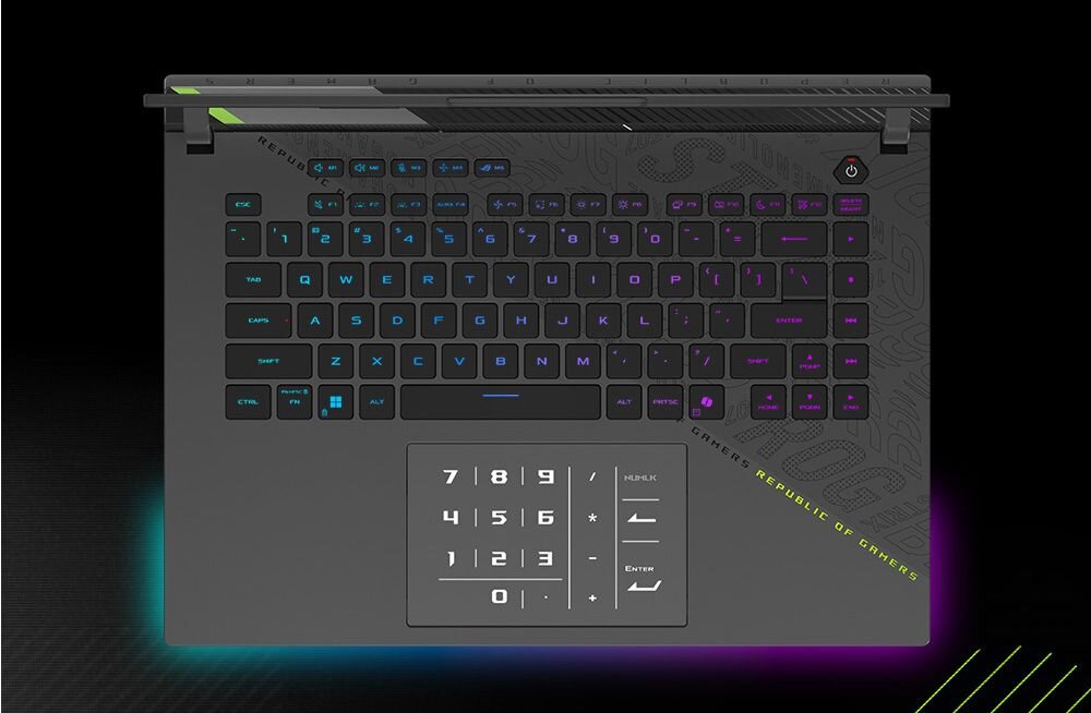 Widok z góry na klawiaturę ASUS ROG Strix z gradientowym RGB podświetleniem od niebieskiego przez fioletowy do różowego i numerycznym touchpadem - Klawiatura Overstroke 