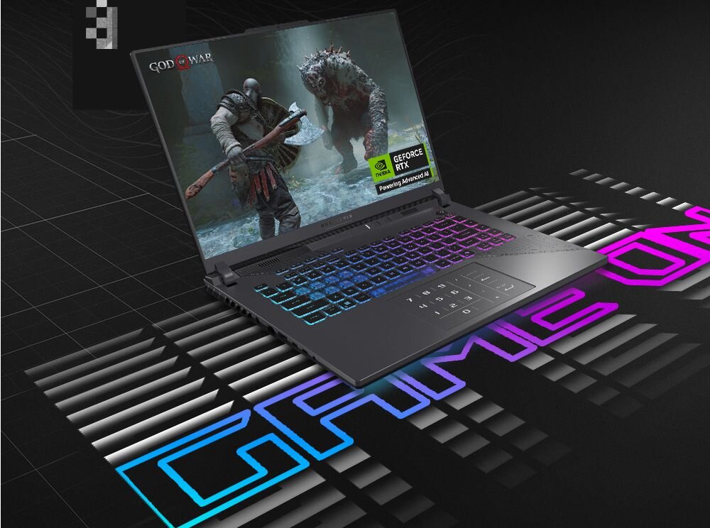 Laptop gamingowy ASUS ROG Strix z ekranem God of War GeForce RTX i gradientowym RGB podświetleniem klawiatury na czarnym tle z napisem REPUBLIC - Bateria 90 Wh 