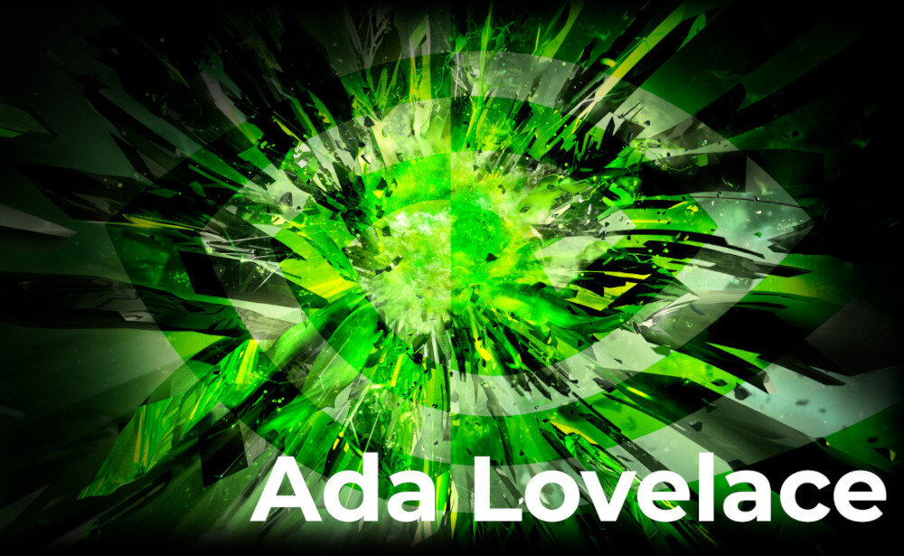 Grafika symbolizująca architekturę NVIDIA GeForce RTX Ada Lovelace – zielona, abstrakcyjna eksplozja reprezentująca moc i wydajność karty graficznej w laptopach Dream Machines. - karta graficzna architektura technologie