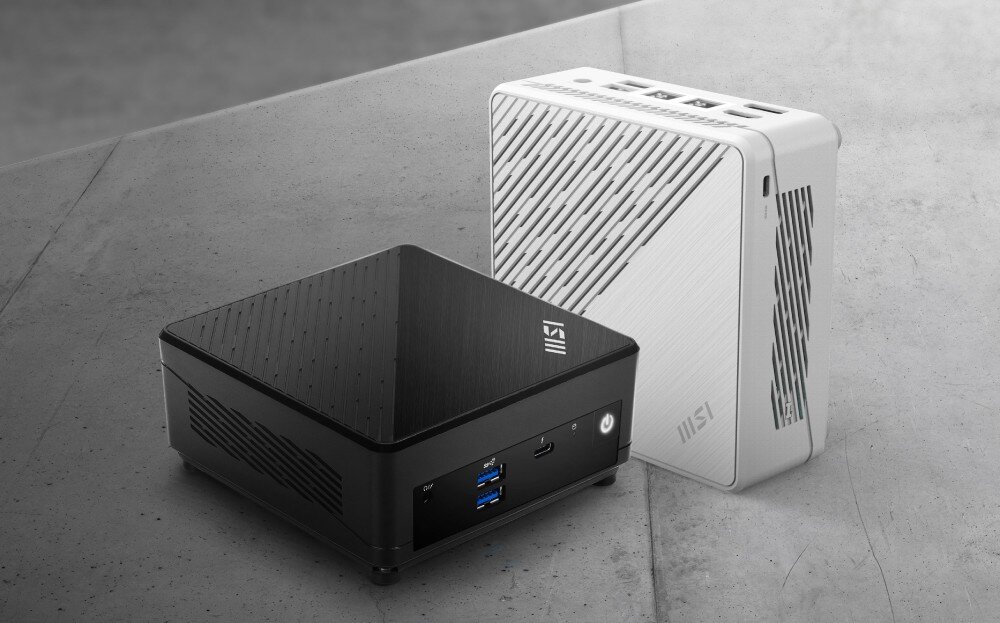 Komputer MSI Cubi 5 12M-479XEU Czarny i biały wariant komputera zaprezentowane na szarym betonowym tle