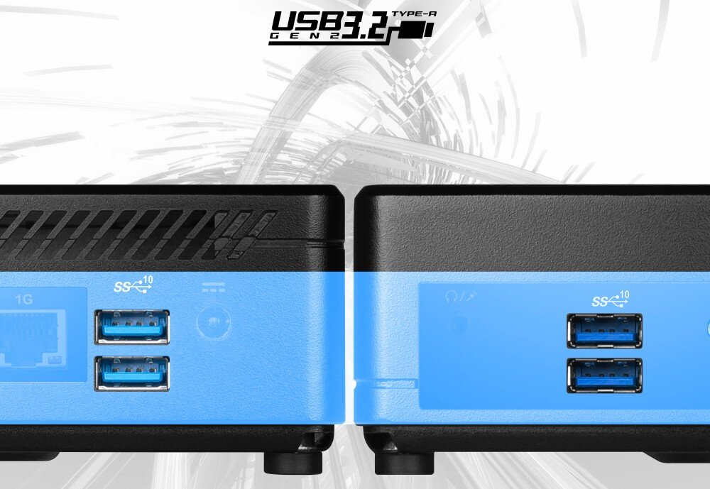 Komputer MSI Cubi 5 12M-479XEU Zbliżenie na przedni panel obudowy z widocznymi dwoma portami USB i gniazdem słuchawkowym