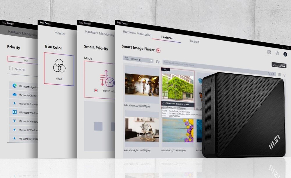 Komputer MSI Cubi 5 12M-479XEU Urządzenie na tle interfejsu oprogramowania MSI Center z widocznymi funkcjami zarządzania systemem