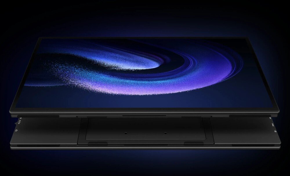 Monitor UPERFECT UMax21 M215E02 Płaski ekran leżący na powierzchni z widoczną pod spodem konstrukcją obudowy i regulowaną podpórką, kąty widzenia