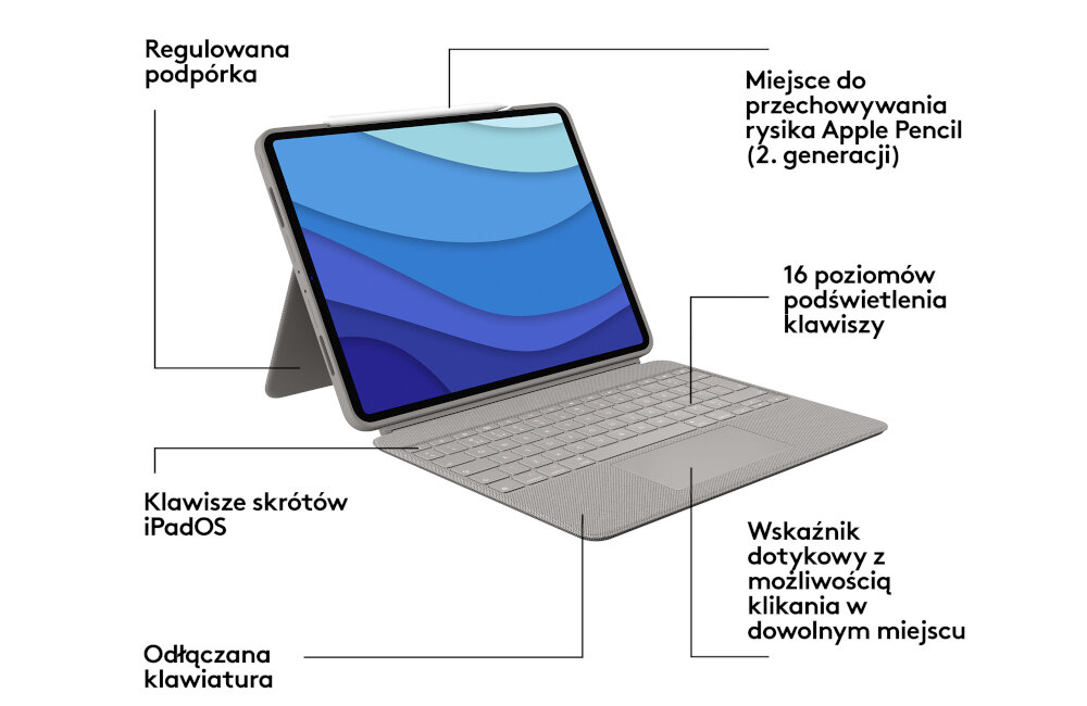 Etui na iPad Pro LOGITECH Combo Touch włączanie wyłączanie aplikacja logitech control kompatybilność
