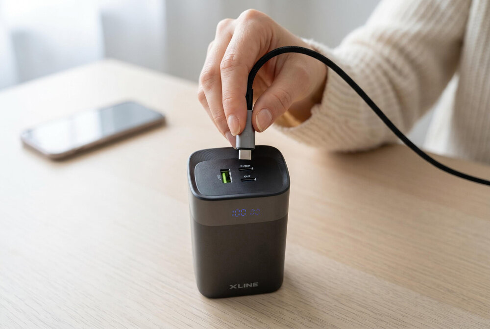 Osoba podłącza kabel do czarnego powerbanku marki XLINE, który leży na drewnianym stole. Obok znajduje się smartfon.