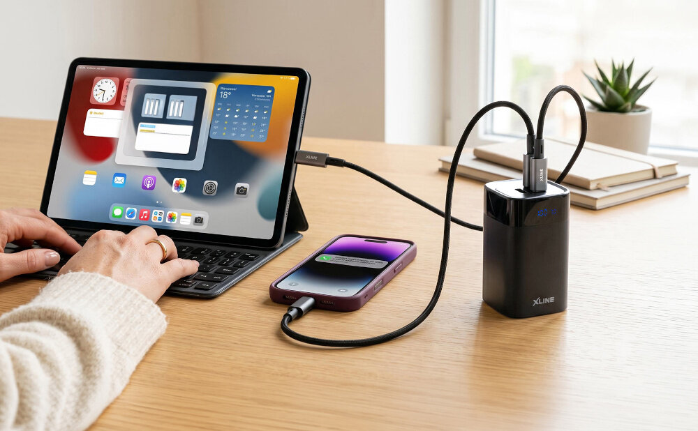 Na drewnianym stole znajduje się tablet z klawiaturą, smartfon oraz czarny powerbank z logo \'XLINE\'. Powerbank jest podłączony do obu urządzeń za pomocą kabli.