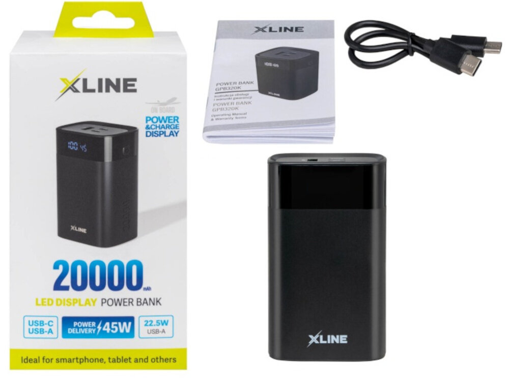 Na obrazie widoczny jest czarny powerbank z logo XLINE, opakowanie z napisem \'20000 mAh LED DISPLAY POWER BANK\', instrukcja obsługi oraz kabel USB. Opakowanie zawiera informacje o mocy 45W i portach USB-C oraz USB-A.