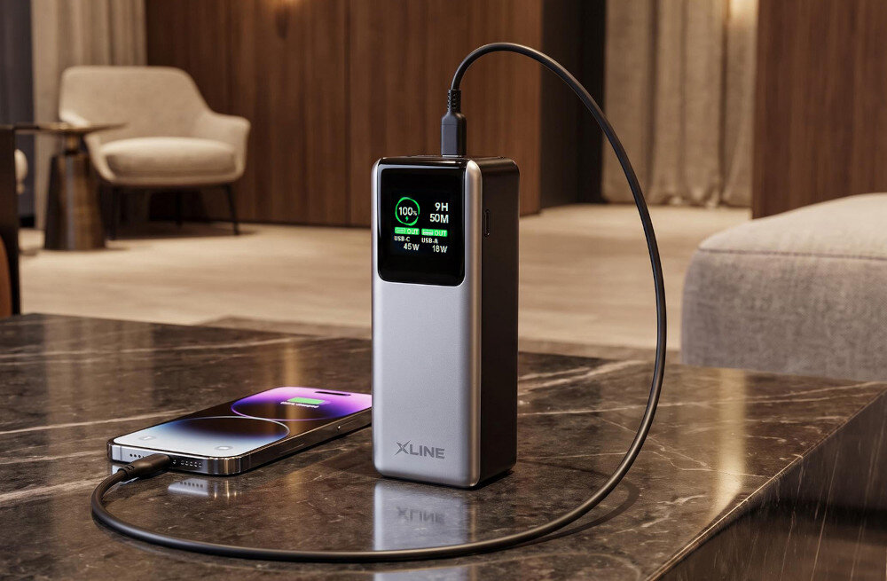 Powerbank XLINE GPB420K 20000 mAh 100W Czarny, przycisk zasilania, ekran 5 sekund, szczegółowe dane portów USB