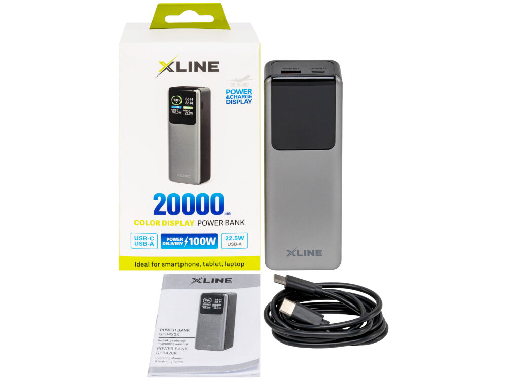 Powerbank XLINE GPB420K 20000 mAh 100W Czarny, zestaw na białym tle