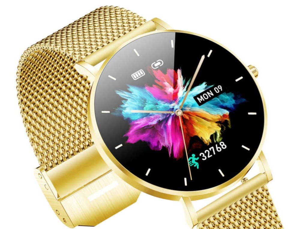 Smartwatch MANTA Alexa Lux Złoty + pasek ekran bateria czujniki zdrowie sport pasek ładowanie pojemność rozdzielczość łączność sterowanie krew puls rozmowy smartfon aplikacja