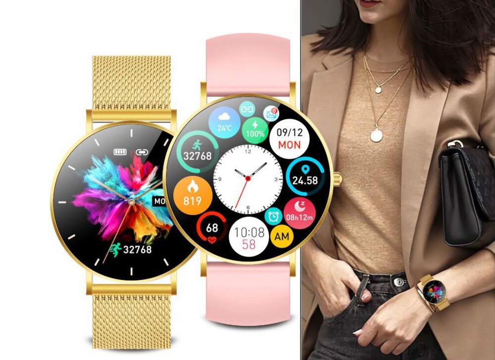 Smartwatch MANTA Alexa Lux Złoty + pasek ekran bateria czujniki zdrowie sport pasek ładowanie pojemność rozdzielczość łączność sterowanie krew puls rozmowy smartfon aplikacja