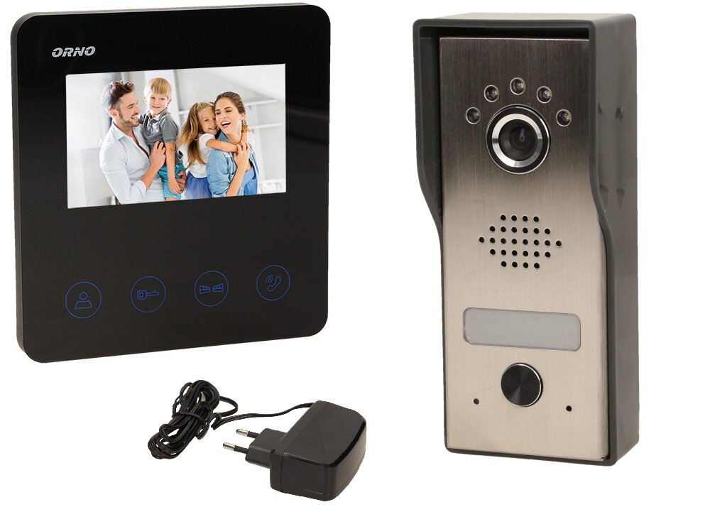 Wideodomofon ORNO OR-VID-MT-1050 zestaw monitor kaseta zewnetrzna uchwyt do montazu monitora daszek ochronny dwa zasilacze zewnetrzne 12VDC/1A dokumentacja