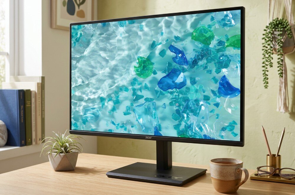 Monitor ACER Vero B7 B247YGBMIPRX Monitor stoi na biurku obok kubka i rośliny, a na jego ekranie widać grafikę z kawałkami niebieskiego i zielonego szkła w wodzie