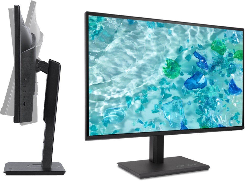 Monitor ACER Vero B7 B247YGBMIPRX Monitor przedstawiony od przodu oraz z boku, ukazujący możliwość odchylenia ekranu w górę i w dół