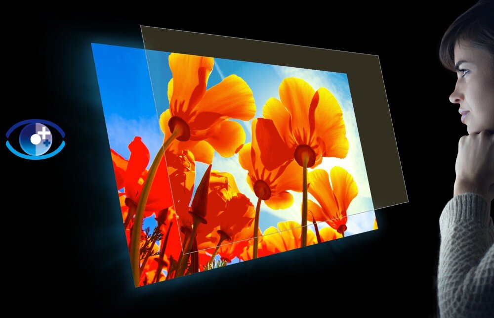 Monitor ACER Vero B7 B247YGBMIPRX Kobieta patrząca na ekran z żółtymi kwiatami z nałożoną półprzezroczystą powłoką filtracyjną oraz ikoną oka po lewej stronie