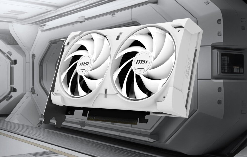 Karta graficzna MSI GeForce RTX 5060 Ventus 2X OC 8GB Karta graficzna z dwoma dużymi wentylatorami, widoczna z przodu i lekko z boku, umieszczona na tle futurystycznego, ciemnego wnętrza, opis