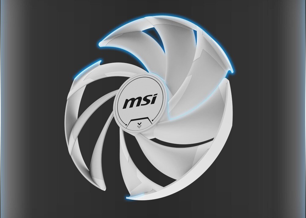 Karta graficzna MSI GeForce RTX 5060 Ventus 2X OC 8GB Pojedynczy wentylator karty graficznej w zbliżeniu, z podświetlonymi na niebiesko krawędziami łopatek, wentylatory, łopatki, efektywność