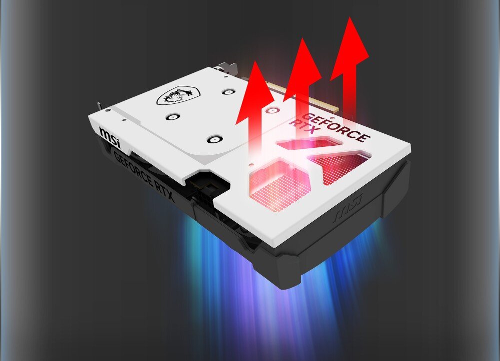 Karta graficzna MSI GeForce RTX 5060 Ventus 2X OC 8GB Tył karty graficznej z metalową płytką i otworem wentylacyjnym, przez który pokazane są strzałki symbolizujące przepływ ciepła, przepływ powietrza, wentylacja, płyta tylna
