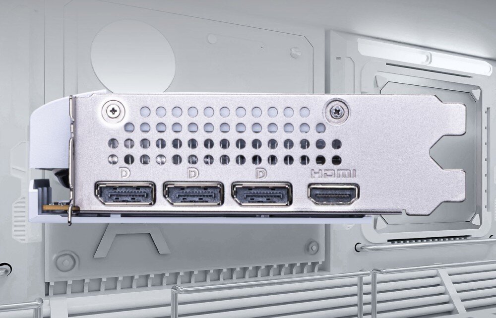 Karta graficzna MSI GeForce RTX 5060 Ventus 2X OC 8GB Panel wyjść karty graficznej z trzema portami DisplayPort i jednym portem HDMI, wbudowany w metalową obudowę, rozdzielczość, wyjścia, podłączenie