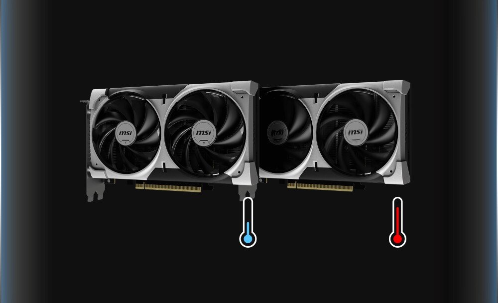 Karta graficzna MSI GeForce RTX 5060 Ventus 2X OC 8GB Dwie identyczne karty graficzne ustawione obok siebie; po lewej z nieaktywnymi wentylatorami oznaczona ikoną zimna, po prawej z aktywnymi wentylatorami i ikoną gorąca, chłodzenie, funkcja Zero Frozr, automatyczne wyłączanie