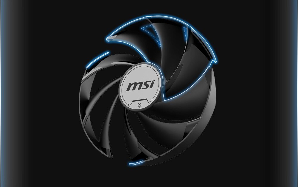 Karta graficzna MSI GeForce RTX 5060 Ventus 2X OC 8GB Pojedynczy wentylator karty graficznej w zbliżeniu, z podświetlonymi na niebiesko krawędziami łopatek, wentylatory, łopatki, efektywność
