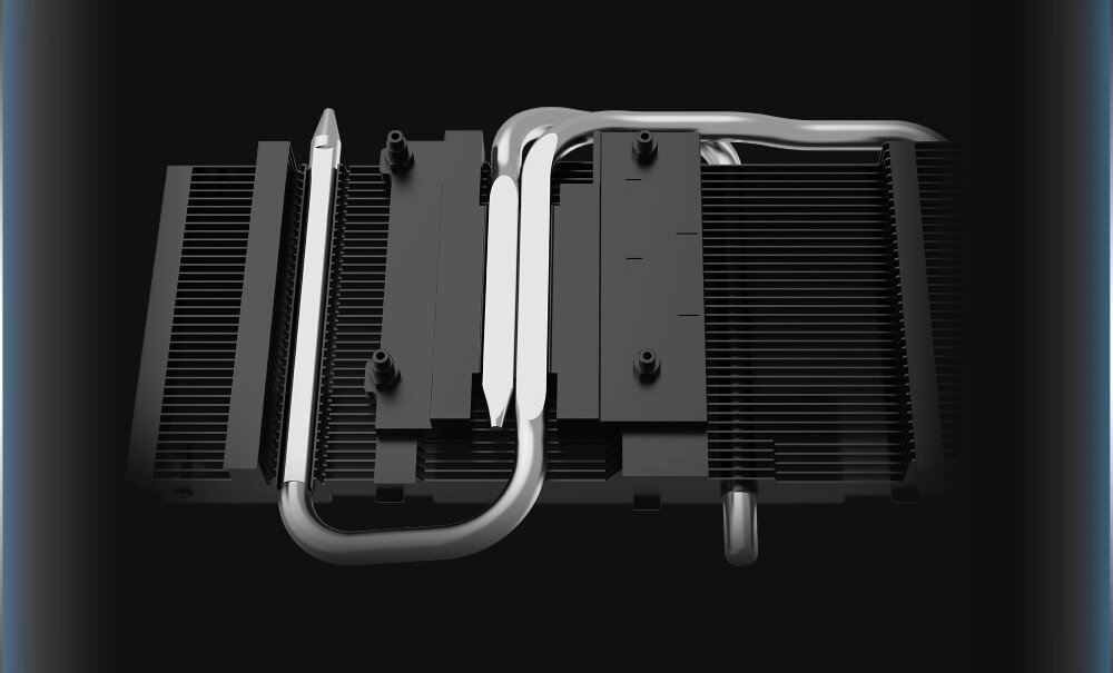 Karta graficzna MSI GeForce RTX 5060 Ventus 2X OC 8GB Widok wnętrza systemu chłodzenia karty graficznej, ukazujący metalowe rurki cieplne i rozbudowany radiator, ciepłowody