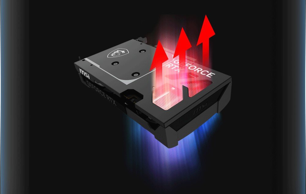 Karta graficzna MSI GeForce RTX 5060 Ventus 2X OC 8GB Tył karty graficznej z metalową płytką i otworem wentylacyjnym, przez który pokazane są strzałki symbolizujące przepływ ciepła, przepływ powietrza, wentylacja, płyta tylna
