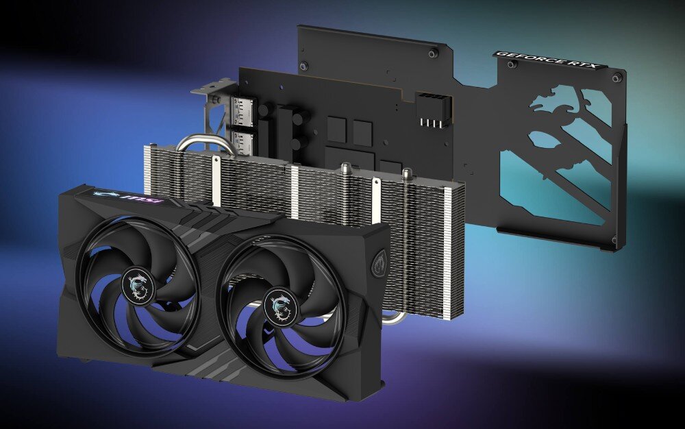 Karta graficzna MSI GeForce RTX 5060 Gaming 8GB OC DLLS 4 Rozłożona karta graficzna przedstawiona warstwowo – wentylatory, radiator z ciepłowodami oraz tylna płyta z wyciętym logo smoka, chłodzenie, wentylatory, radiator, żebra