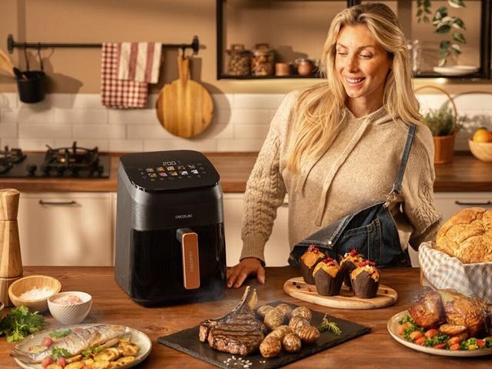 Air Fryer Frytkownica beztłuszczowa CECOTEC Cecofry&Grill Smoking 6500 3 w 1 z ukrytym grillem i wędzarnią potrawy z minimalna ilością tłuszczu, zachowanie smaku i chrupkości, technologia Hot Air, zdrowe i lekkie potrawy