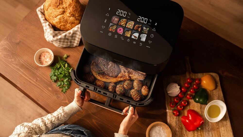Air Fryer Frytkownica beztłuszczowa CECOTEC Cecofry&Grill Smokin pojemny kosz, podwójna misa, większa ilość jedzenia, lepsza organizacja miejsca