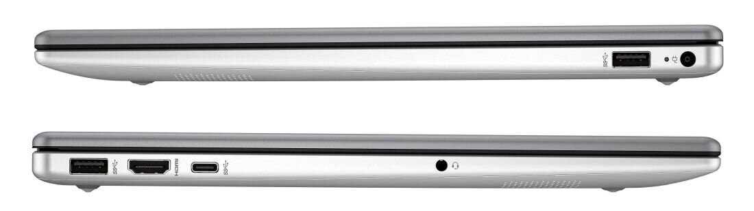 Dwa boczne widoki laptopa HP 250R G10 – z lewej strony porty USB, HDMI, USB-C i gniazdo audio, z prawej port USB i zasilania, srebrna obudowa, cienki profil. - Wi-Fi 6 HDMI USB