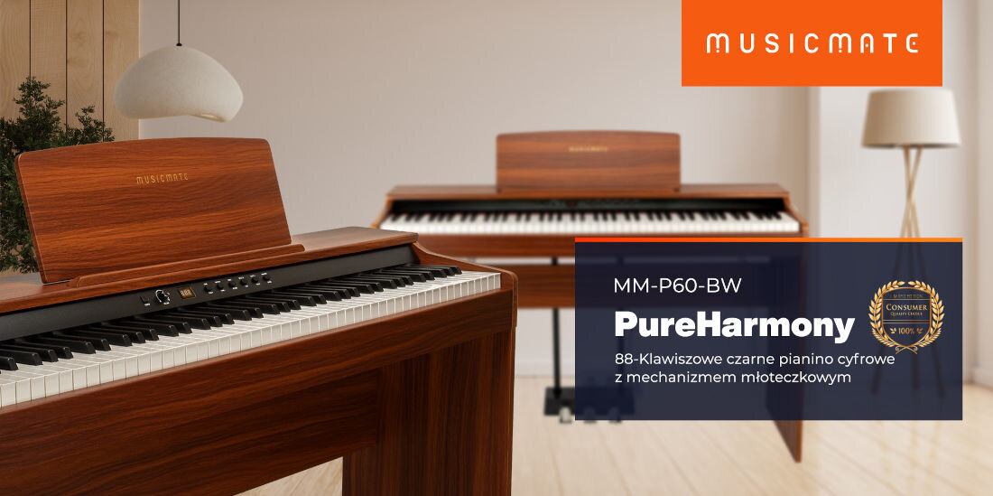 Pianino cyfrowe MUSICMATE P60-BW PureHarmony 88 klawiszy Hammer Action stylowy design głośniki, pianino pod skosem, pianino od frontu na drugim planie