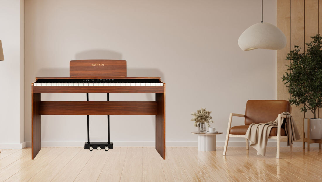 Pianino cyfrowe MUSICMATE P60-BW PureHarmony 88 ważonych klawiszy Hammer Action wbudowane głośniki stylowy design, pianino stojące przy ścianie w pomieszczeniu