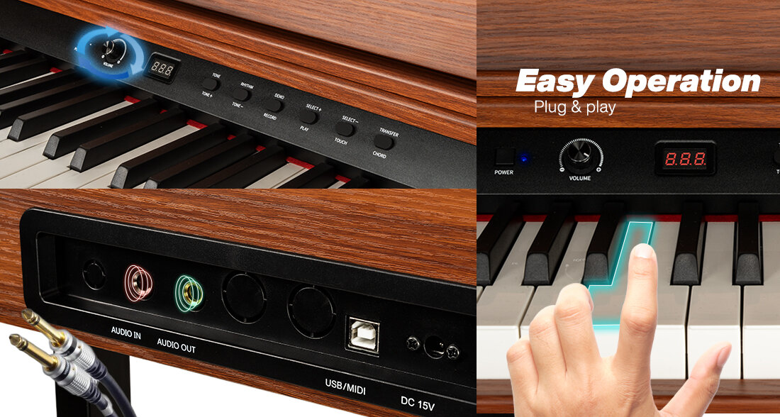 Pianino cyfrowe MUSICMATE P60-BW PureHarmony wejście AUX wyjście słuchawkowe gniazdo pedału sustain różnorodne brzmienia, kadry pianina pokazujące, pokrętło, złącza, klawisze