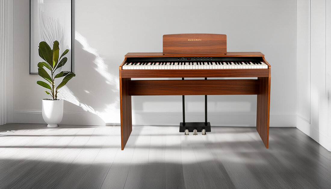 Pianino cyfrowe MUSICMATE P60-BW PureHarmony lekkie pianino 28 kg wymiary 125 x 33 x 75 cm mobilny instrument, pianino stojące pod ścianą w pomieszczeniu