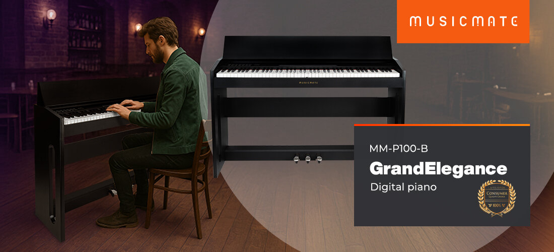 MUSICMATE P100-B GrandElegance pianino cyfrowe centrum brzmienia 88 klawiszy Bluetooth 2x20W, osoba grająca na pianinie w pomieszczeniu