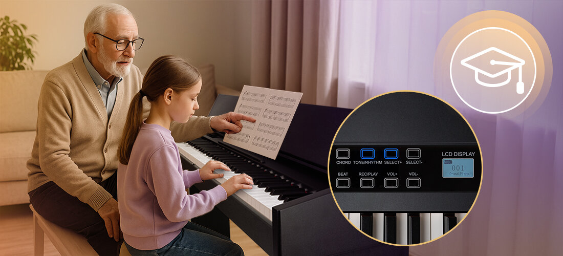 MUSICMATE P100-B GrandElegance pianino cyfrowe 88 ważonych klawiszy 128 dźwięków 128 rytmów 88 utworów demo, nauczyciel uczący gry na pianinie dziecko