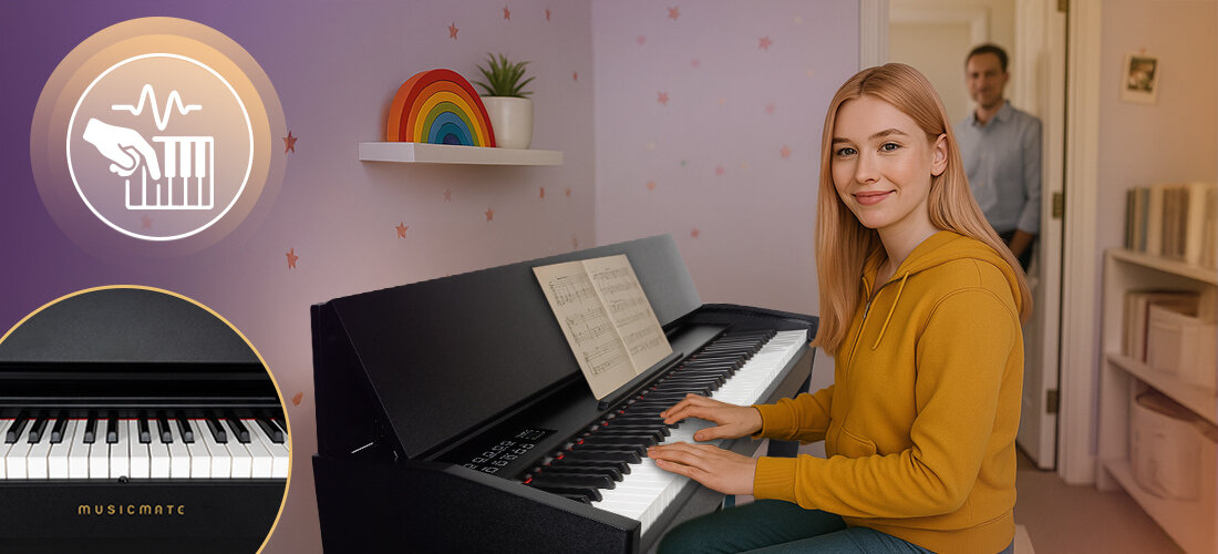 MUSICMATE P100-B GrandElegance pianino cyfrowe 88 klawiszy Hammer Action gradacja siły nacisku kontrola dynamiki, osoba grająca na pianinie w pokoju