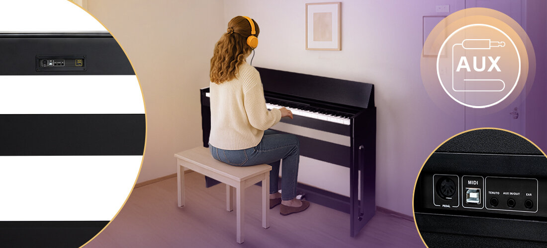 MUSICMATE P100-B GrandElegance pianino cyfrowe 128 brzmień 128 rytmów utwory demo aranżacje, osoba grająca na pianinie z założonymi słuchawkami