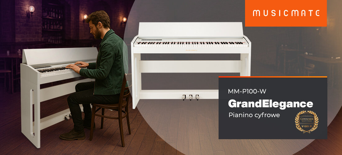 MUSICMATE P100-W GrandElegance pianino cyfrowe centrum brzmienia 88 klawiszy Bluetooth 2x20W, osoba grająca na pianinie w pomieszczeniu
