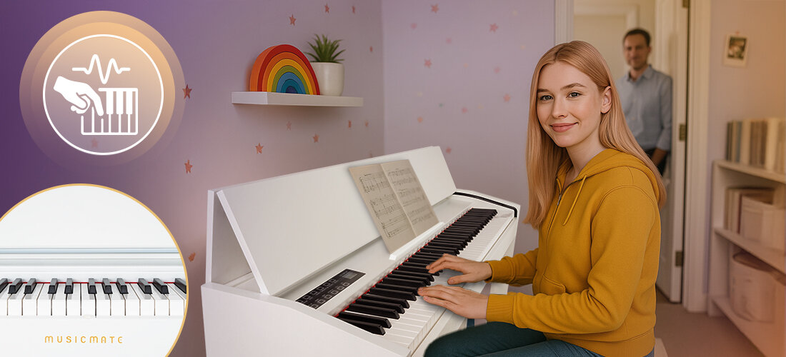 MUSICMATE P100-W GrandElegance pianino cyfrowe 88 klawiszy Hammer Action gradacja siły nacisku kontrola dynamiki, osoba grająca na pianinie w pokoju