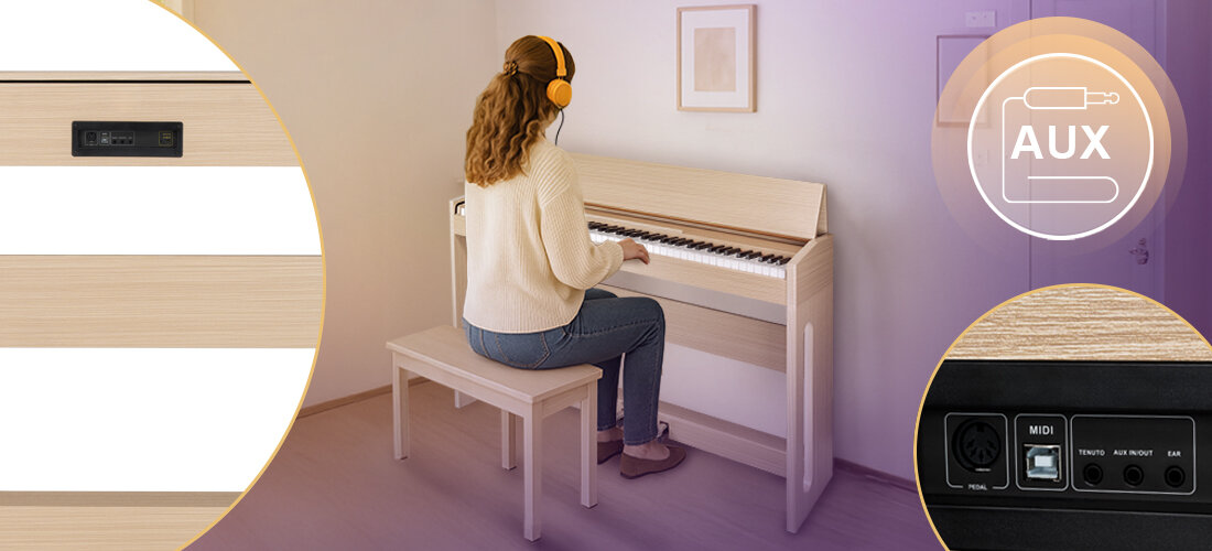 MUSICMATE P100-NW GrandElegance pianino cyfrowe 128 brzmień 128 rytmów utwory demo aranżacje, osoba grająca na pianinie z założonymi słuchawkami