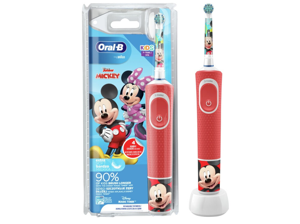 Na obrazie widoczna jest czerwona szczoteczka rotacyjna z motywem Myszki Miki oraz opakowanie z logo Oral-B i postaciami z bajki Disney Mickey. Na opakowaniu znajduje się tekst: \'90% of kids brush longer\'.